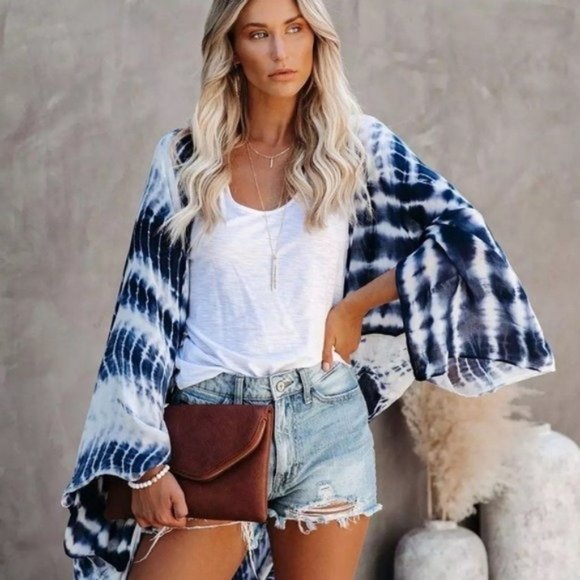 Boho Blue Tie Dye Kimono Duster Coverup - Picture 6 of 13